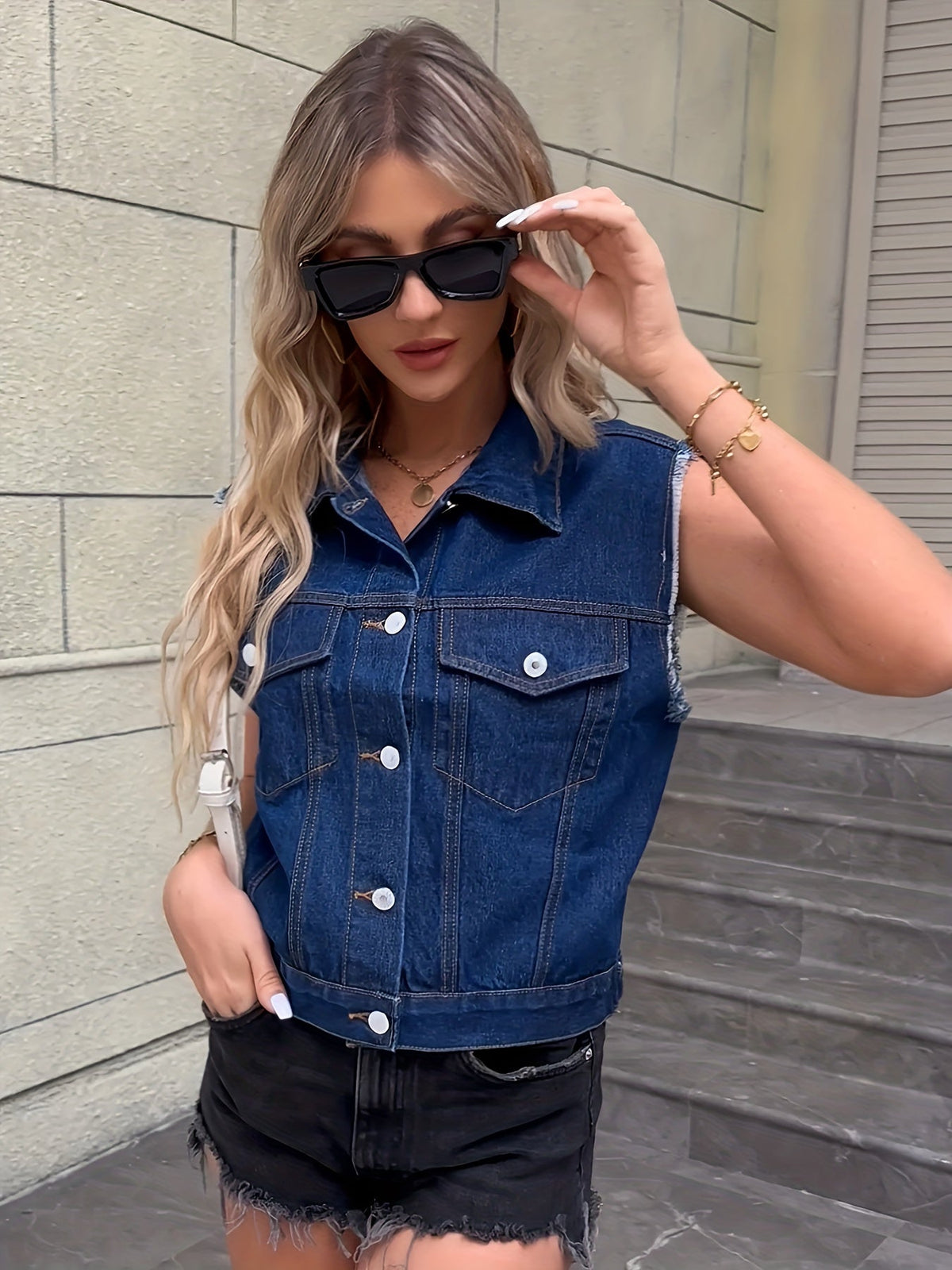Women denim sleeveless jacket with flap pockets regular fit