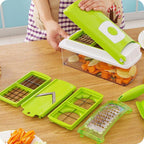 Vegetable chopper 12-in-1 with stainless steel blades, white and green, large catch container