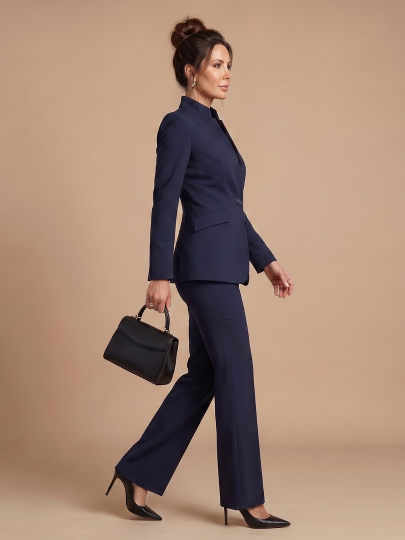 Women 2 Piece Suit stand collar tailored jacket with flared trousers