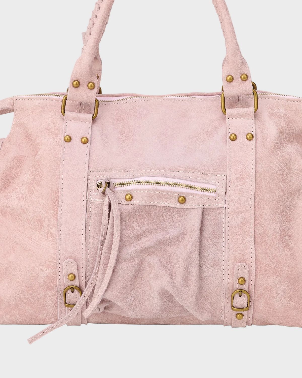Leather tote bag vanilla pink with gold hardware, genuine Italian leather, zip closure