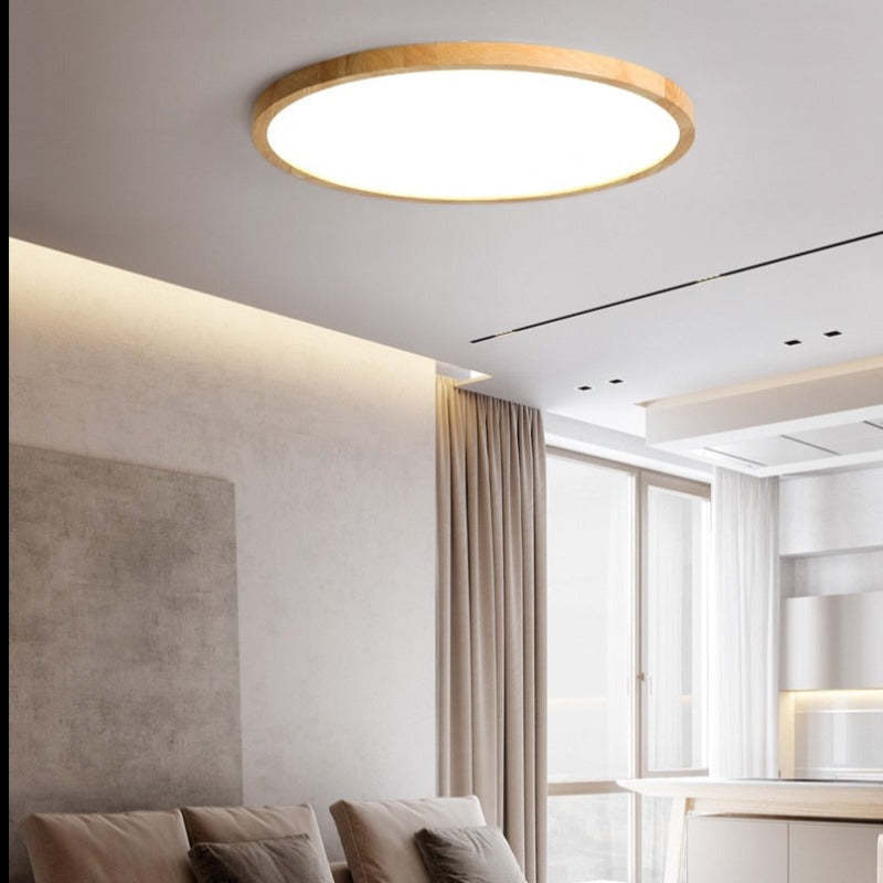 LED ceiling light dimmable tri-color minimalist wood accent, 23cm to 50cm