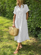 Women's striped shirt dress button-down casual with pockets, loose fit