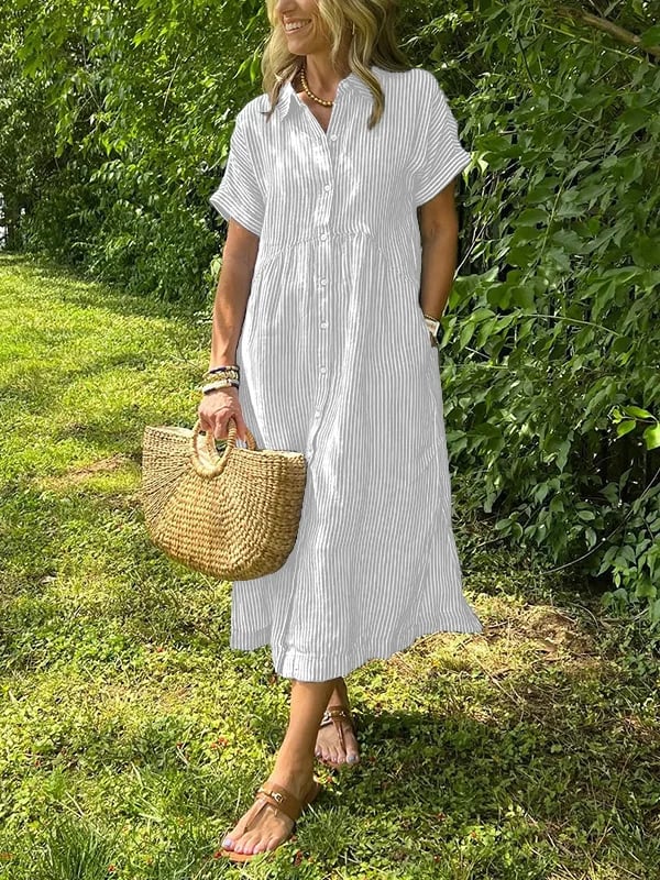 Women's striped shirt dress button-down casual with pockets, loose fit