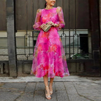 Women's floral midi dress for wedding guest, summer formal occasion, pink and blue