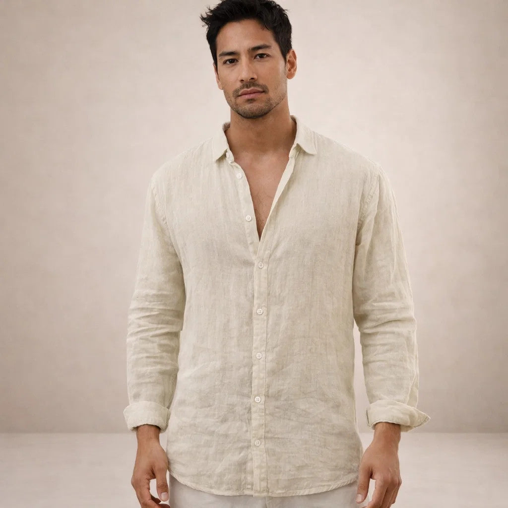 Men's linen shirt casual breathable long sleeve open collar