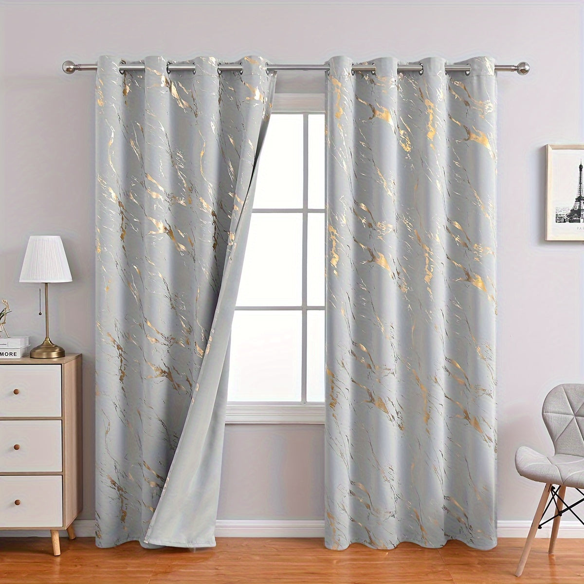 2 piece blackout curtains bronzing marble print ring top for bedroom and living room