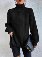 Women ribbed knit turtleneck sweater with side slit hem, autumn winter