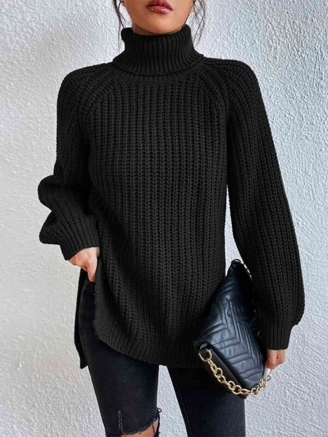 Women ribbed knit turtleneck sweater with side slit hem, autumn winter