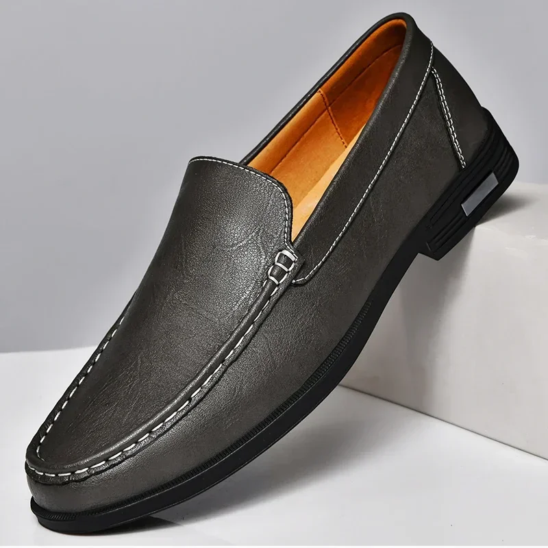 Men leather loafers slip on moccasins with cushioned insole and rubber outsole