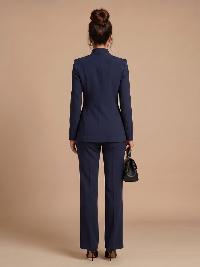 Women 2 Piece Suit stand collar tailored jacket with flared trousers