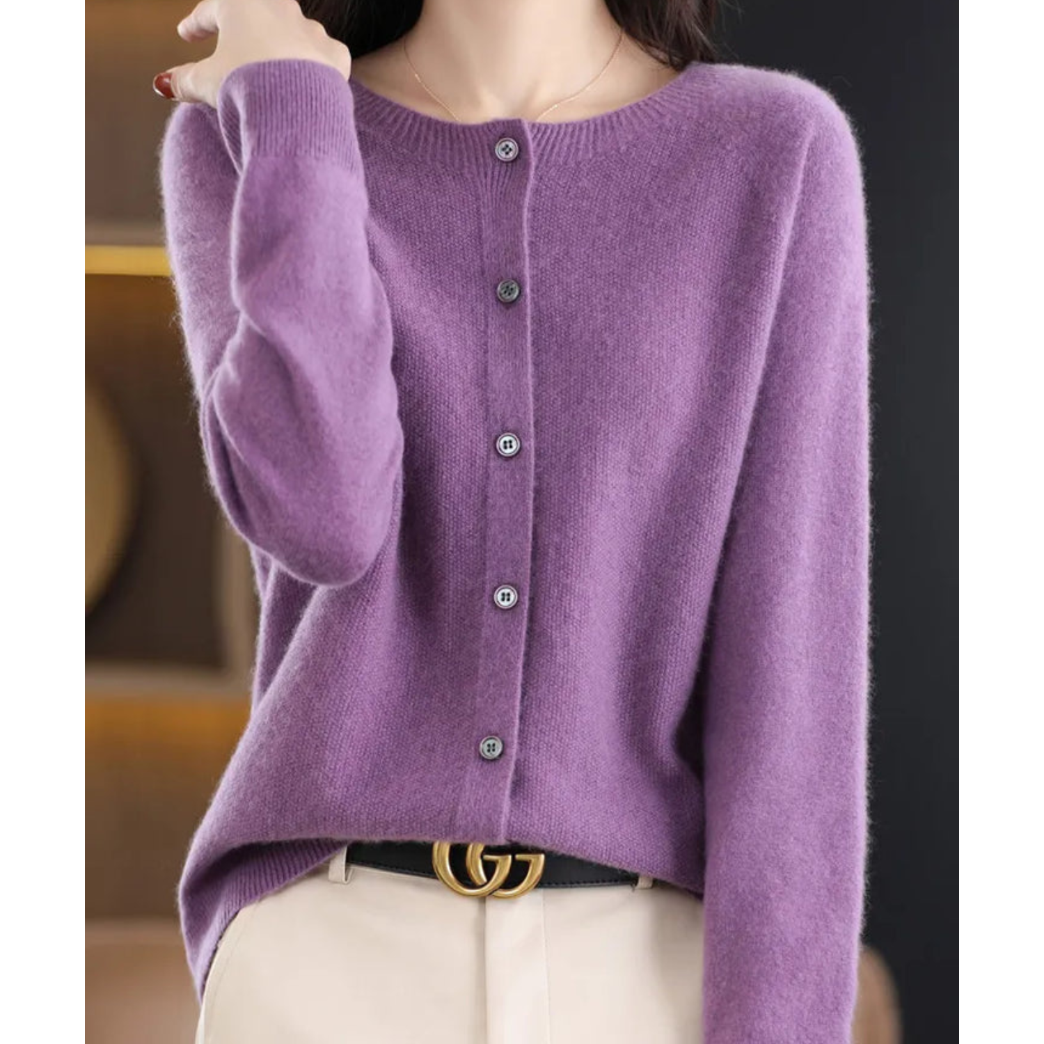 Women's merino wool sweater round neck with button placket slim fit