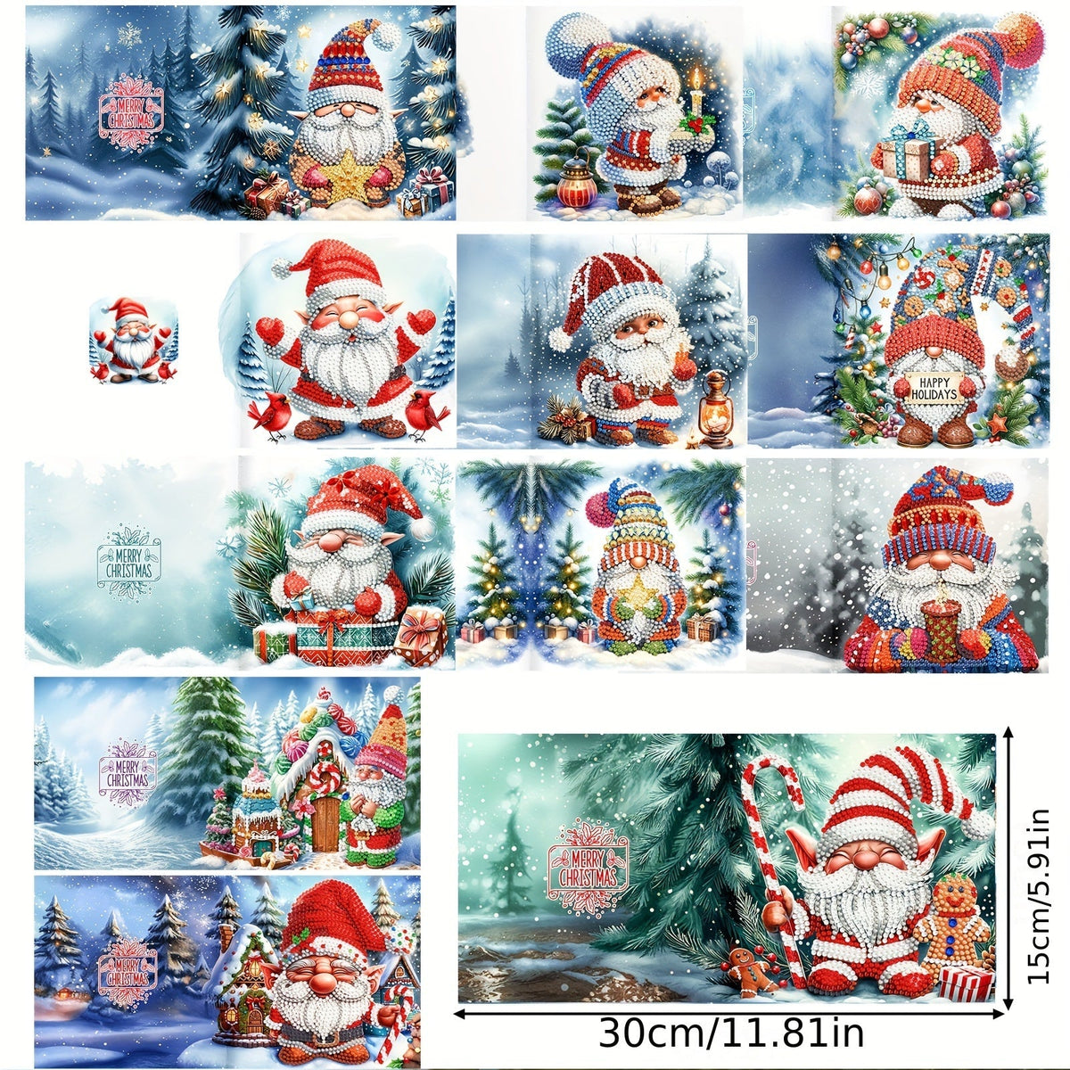 Diamond painting Christmas cards DIY set, 12 pieces, Santa Claus theme