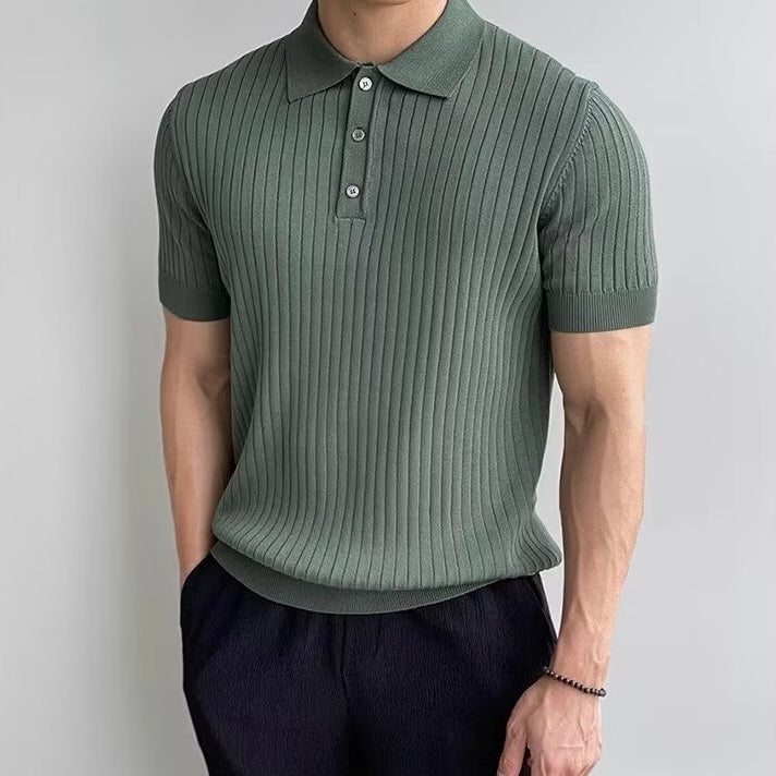Men's knitted cotton ribbed polo shirt with button collar, short sleeves