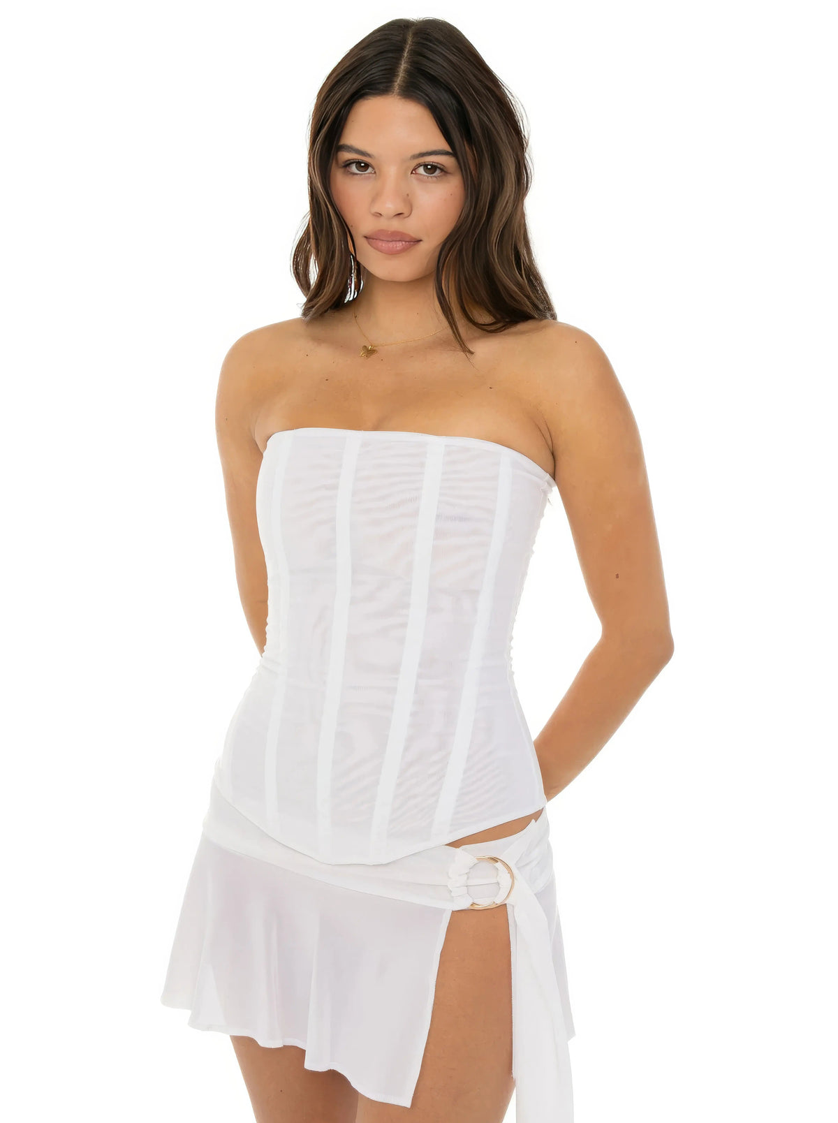 Women's strapless corset top, structured fitted bandeau style in beige, white and black