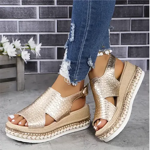 Women platform sandals open toe with adjustable straps in gold and silver