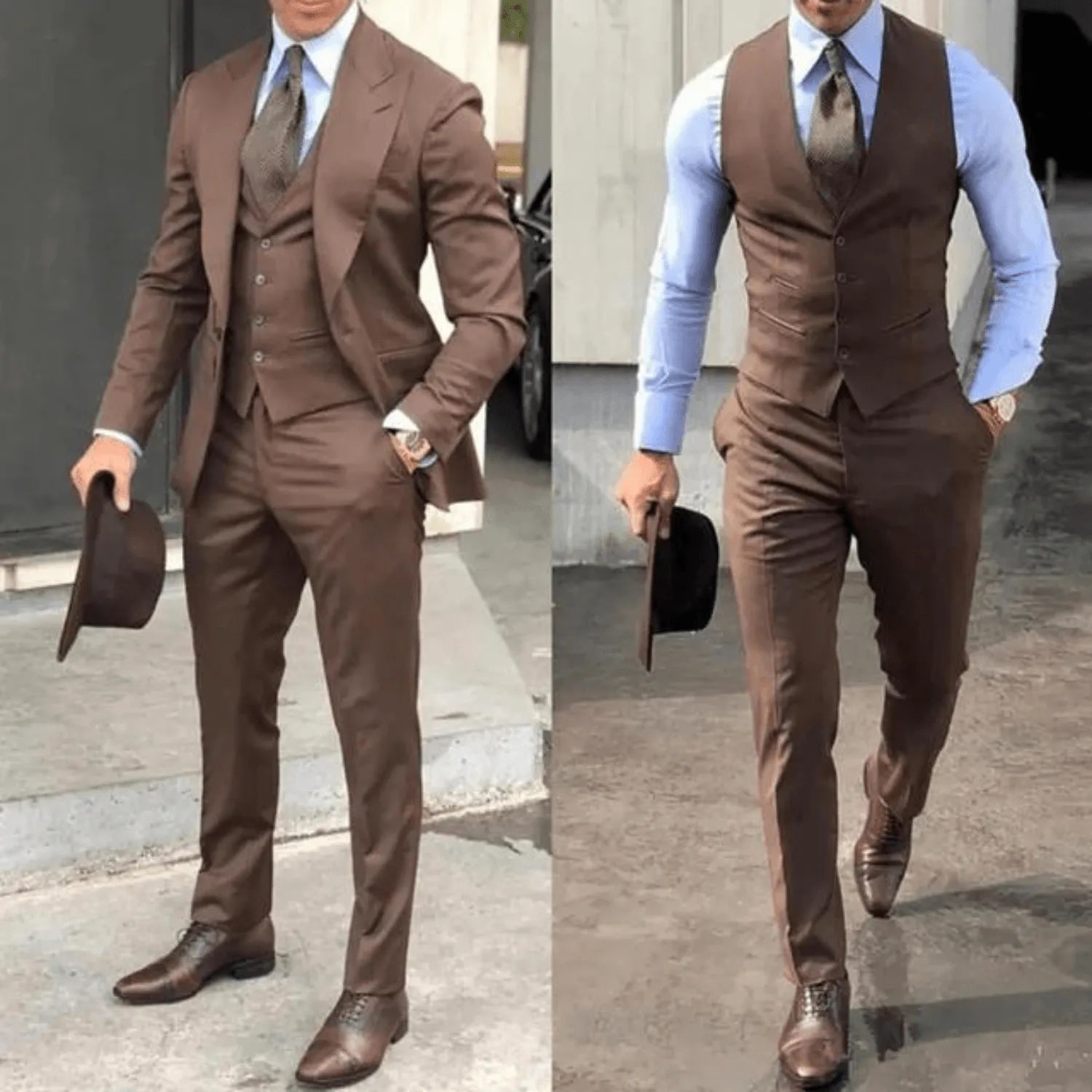 Men's 3-piece slim fit suit with blazer, vest and trousers in black and brown