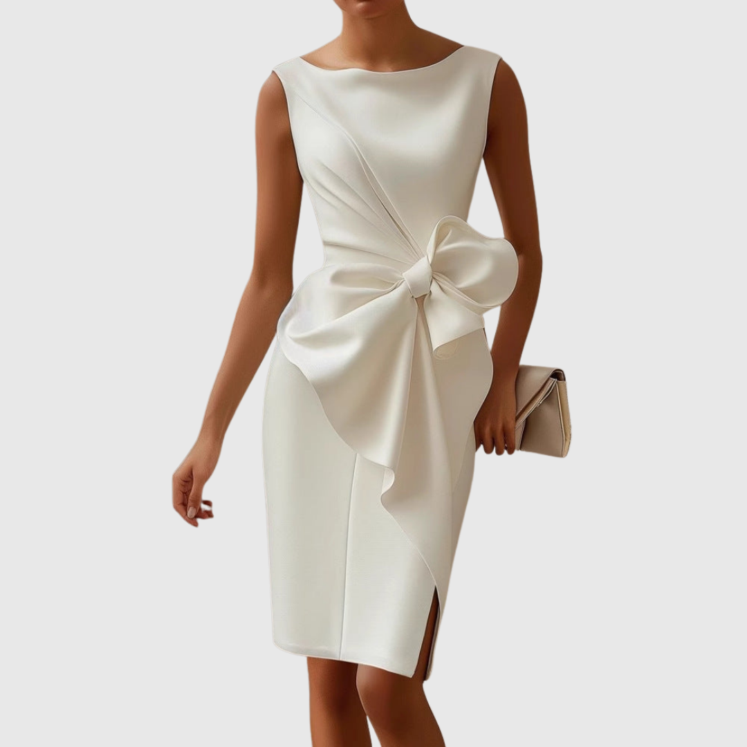 Women sleeveless midi dress with sculpted side bow and asymmetrical drape