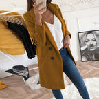 Women's long button-up coat with side pockets, elegant elongated silhouette
