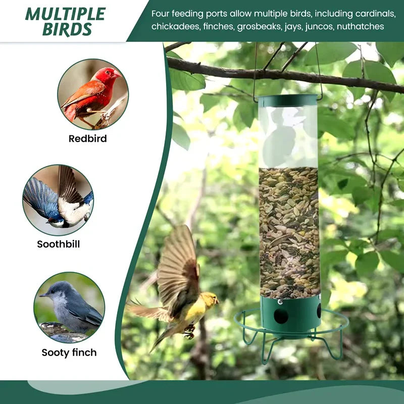 Squirrel proof bird feeder with rotating perch, 4 feeding ports and heavy-duty metal construction