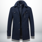 Men double breasted overcoat mid-length with zip-in bib and notch lapel