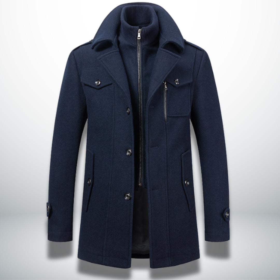 Men double breasted overcoat mid-length with zip-in bib and notch lapel