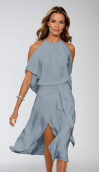 Women's midi dress with off-shoulder neckline and asymmetric hem, summer style