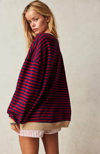 Women oversized striped sweatshirt with dropped shoulders and round neckline