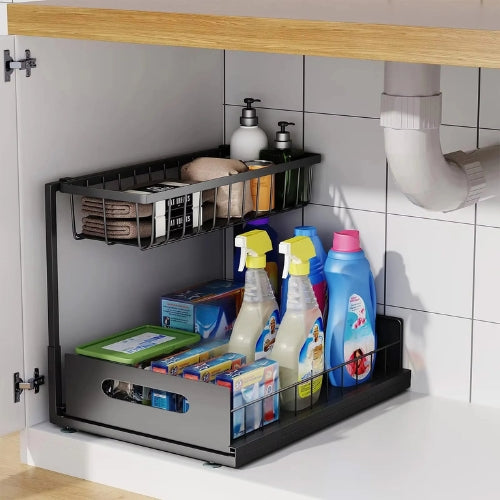 Under sink cabinet organizer 2-tier sliding black carbon steel L-shape