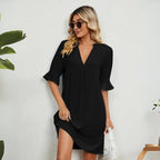 Women V-Neck Knee Length Dress with Ruffle Detail in Black Blue White Green