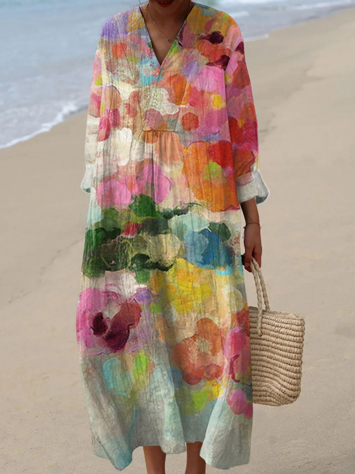 Women floral print long sleeve dress vintage multicolour flowing silhouette