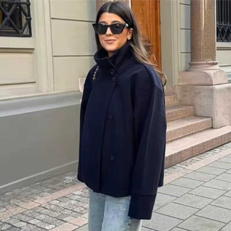 Women's short double-breasted coat in black, navy, beige and dark grey, classic fit
