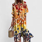 Women's boho dress in bold colors, floral midi style for all occasions