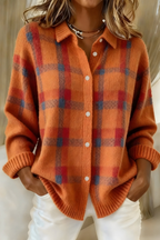 Women soft knit plaid cardigan relaxed fit retro style