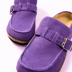 Women's suede comfort sandals with adjustable buckle strap and cork footbed, retro style