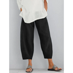 Women's leisure pants in cotton linen blend, relaxed casual fit, available in Khaki, Black and Blue