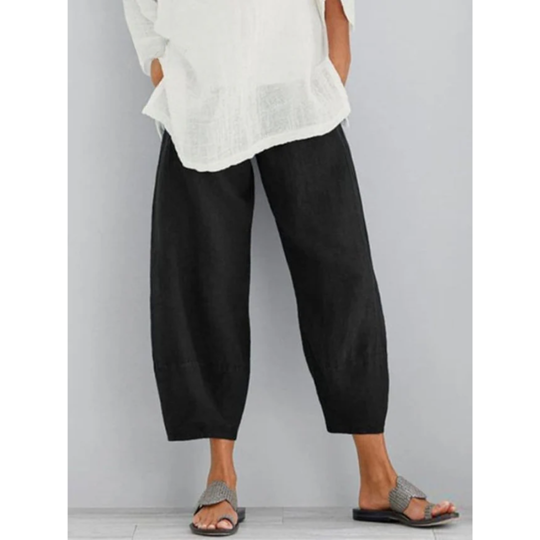 Women's leisure pants in cotton linen blend, relaxed casual fit, available in Khaki, Black and Blue