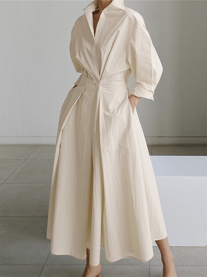 Women's midi shirt dress with button-front closure and adjustable belted waist