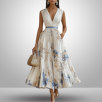 Women flowy pleated midi dress in beige, lightweight casual summer style