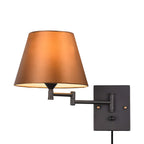 Swing arm wall lamp plug-in with linen shade and black iron frame, 1-light
