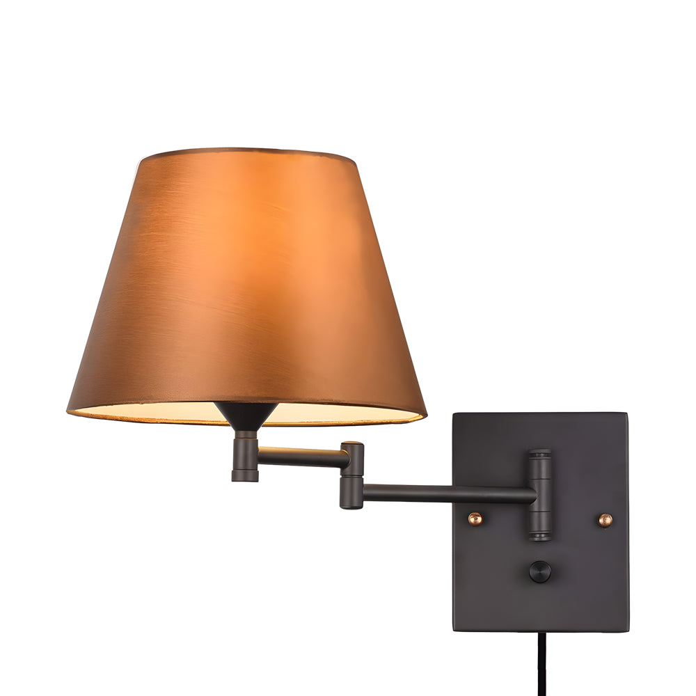 Swing arm wall lamp plug-in with linen shade and black iron frame, 1-light