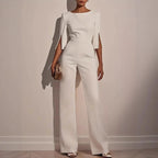 Women's wide leg jumpsuit with pearl split sleeve detail, relaxed fit in white pink black