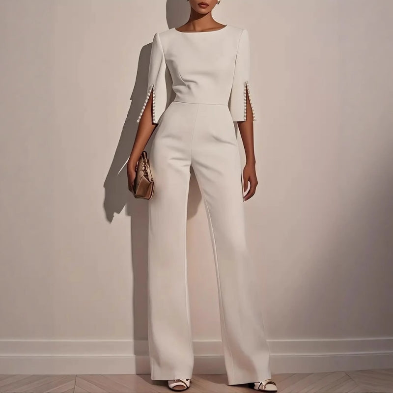 Women's wide leg jumpsuit with pearl split sleeve detail, relaxed fit in white pink black
