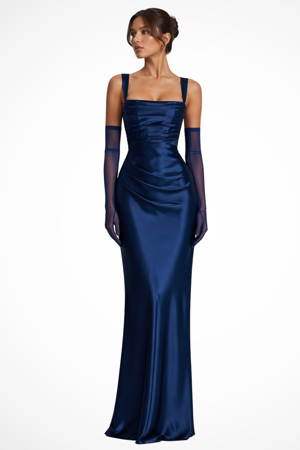 Women's satin maxi dress with square neck and ruched bodice, floor-length wedding guest dress