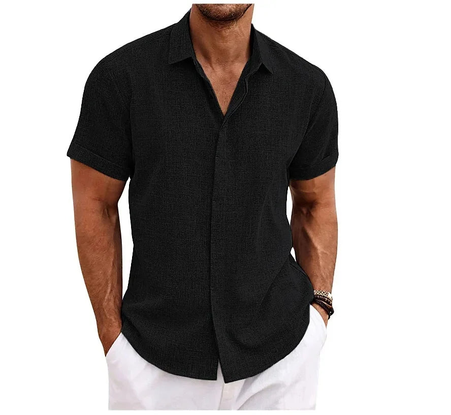 Men's linen shirt short sleeve double button placket lightweight summer