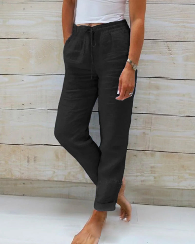 Women's casual trousers with elasticated waist, available in 6 colours including khaki, black and grey