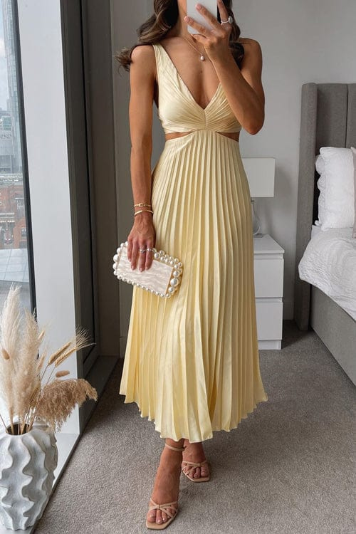 Satin midi dress with pleated flowing silhouette, women's evening wear