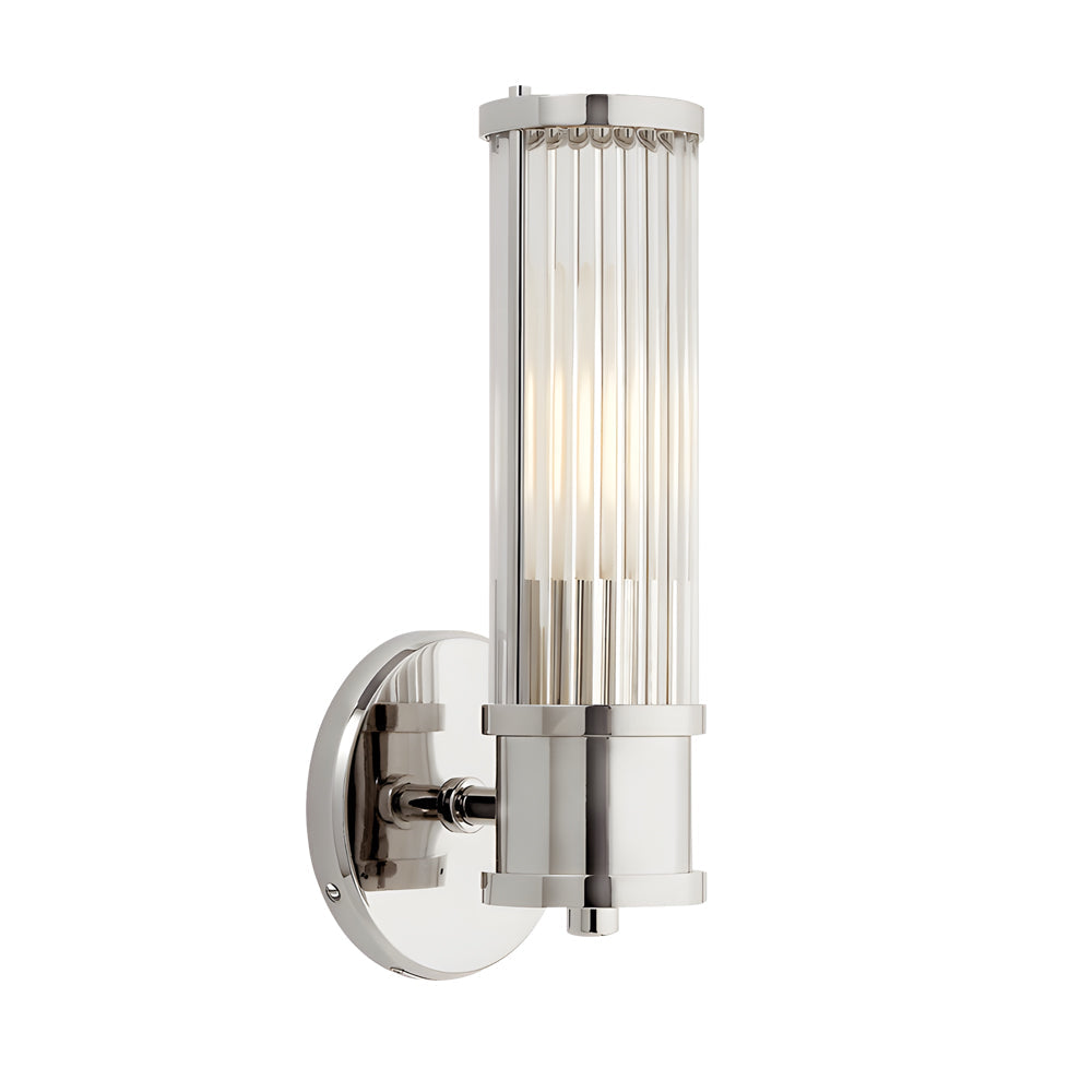 Modern wall lamp with cylindrical ribbed clear glass shade in chrome or gold finish