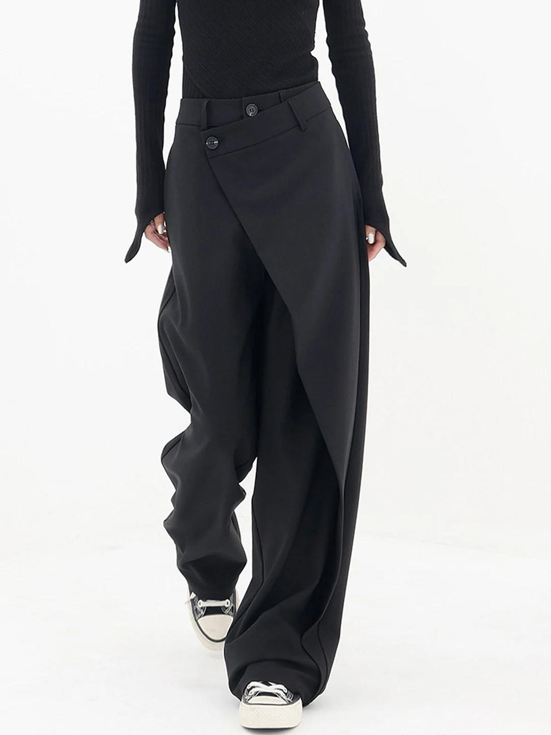 Women wide leg trousers asymmetric button detail in black and grey