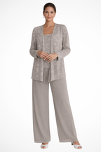 Women's evening three-piece set with wide-leg trousers and open-front jacket, XS–2XL