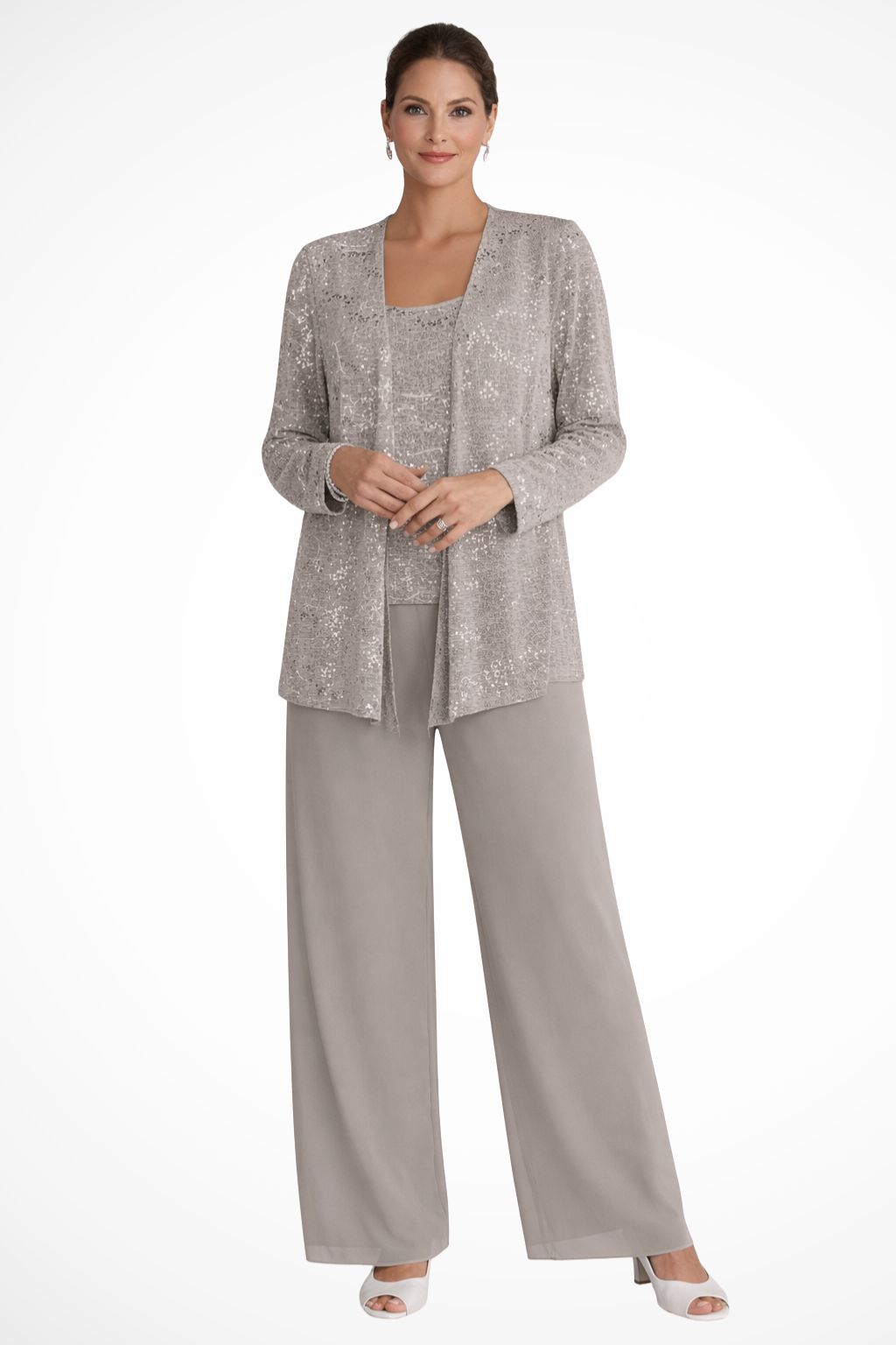 Women's evening three-piece set with wide-leg trousers and open-front jacket, XS–2XL